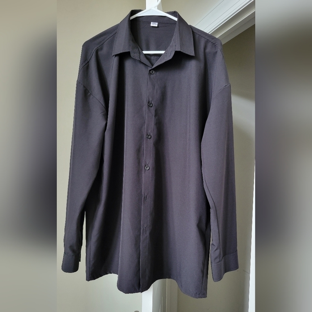 Men Button Down Long Sleeve Black Shirt 2XL
